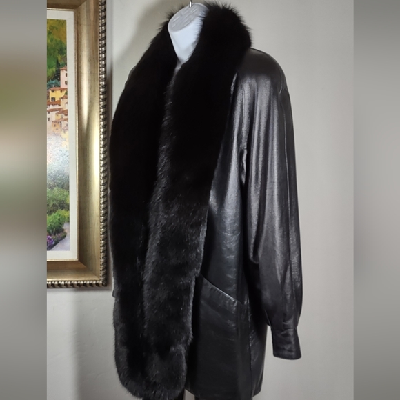 Black Leather Stroller Jacket with Black Fox Trim - Picture 3 of 6